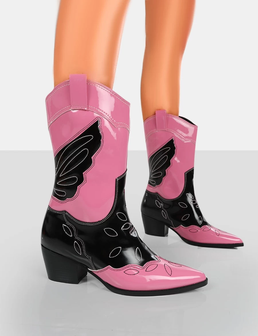 Public Desire Pink Howdy Patent Pointed Toe Western Cowboy Ankle Boots for Women
