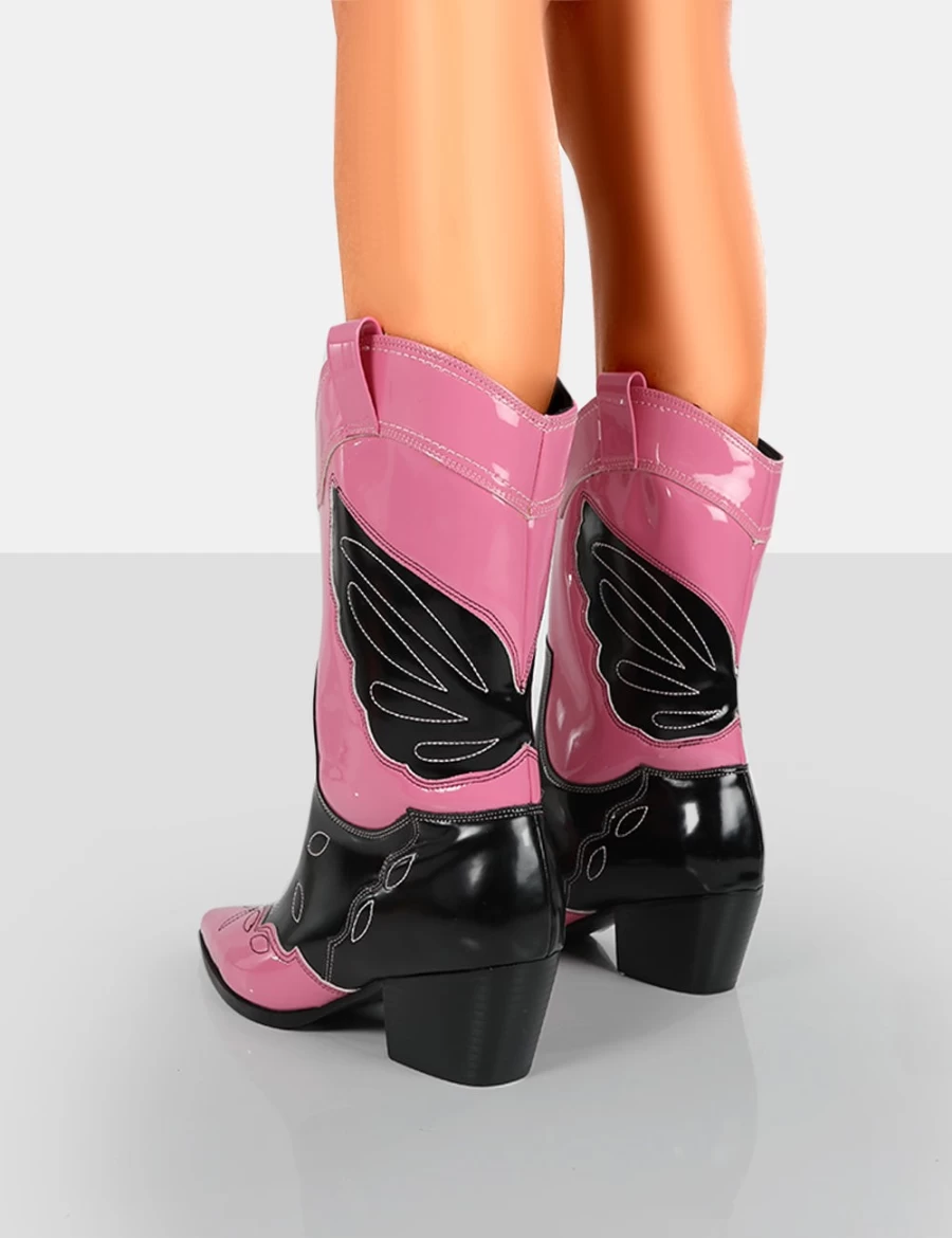 Public Desire Pink Howdy Patent Pointed Toe Western Cowboy Ankle Boots for Women