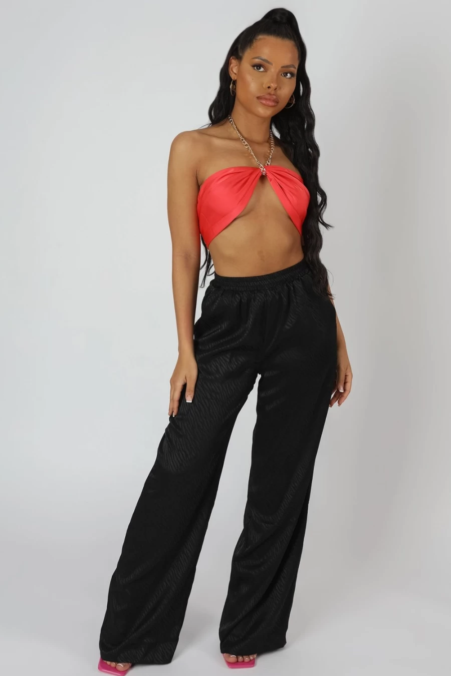 Public Desire Women's Black Satin Zebra Print Wide Leg Pants High Waist Lounge Trousers