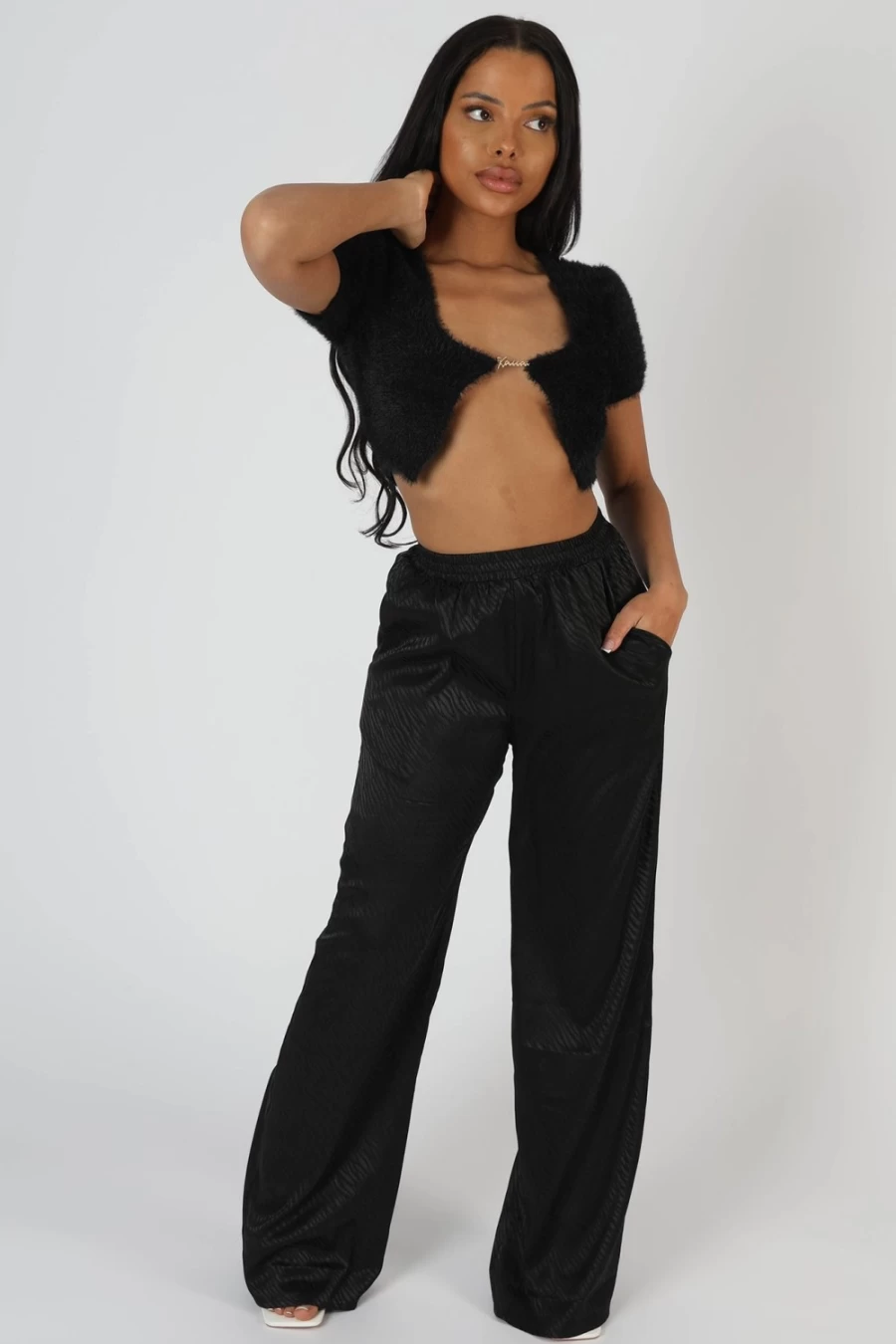 Public Desire Women's Black Satin Zebra Print Wide Leg Pants High Waist Lounge Trousers