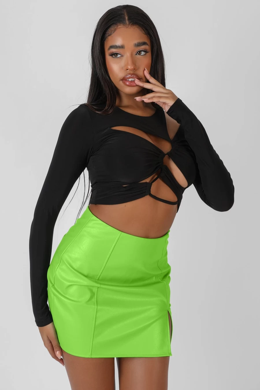 Public Desire Women's Black Ruched Long Sleeve Cutaway Top