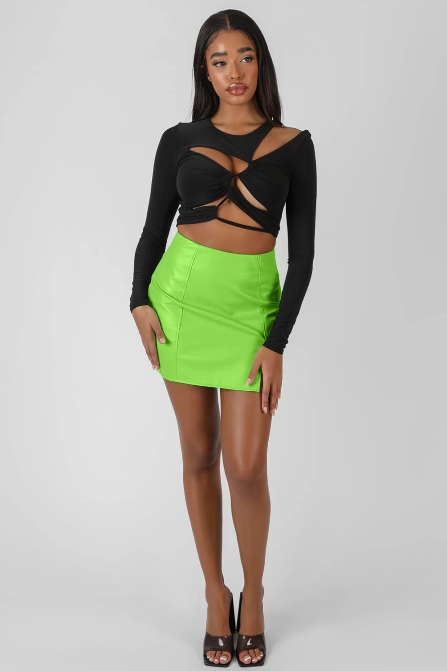 Public Desire Women's Black Ruched Long Sleeve Cutaway Top