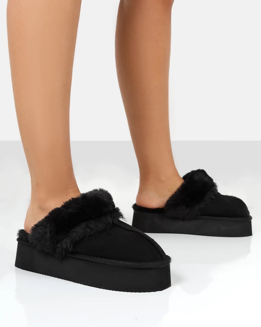 Public Desire Women's Black Cosy Faux Suede Platform Slide Slippers