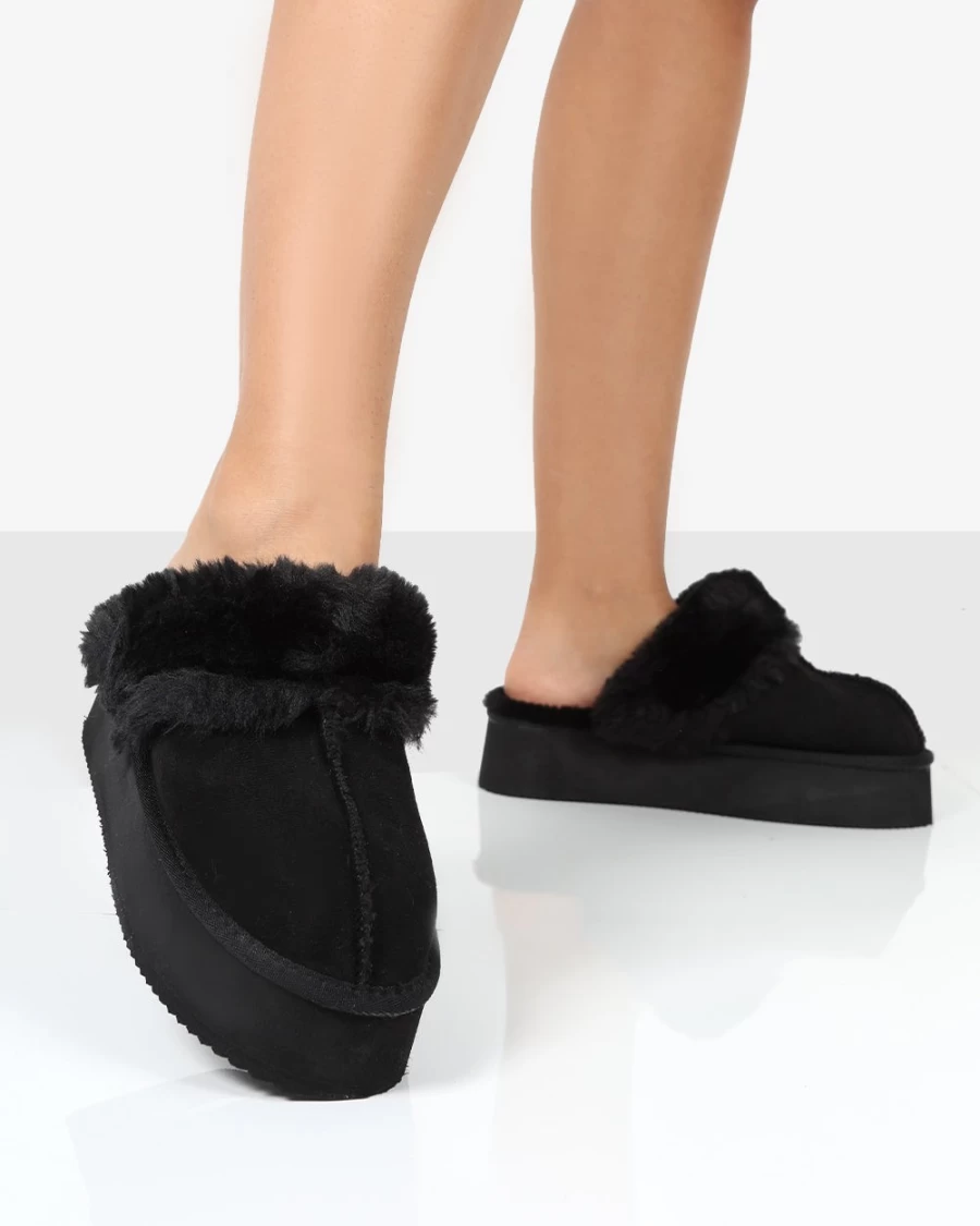 Public Desire Women's Black Cosy Faux Suede Platform Slide Slippers