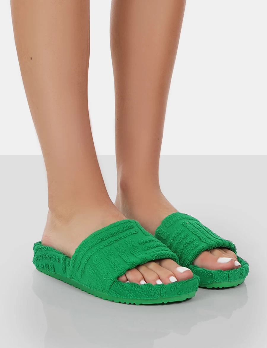 Women's Green Juice Terry Toweling Sliders by Public Desire - Comfortable Slide Sandals