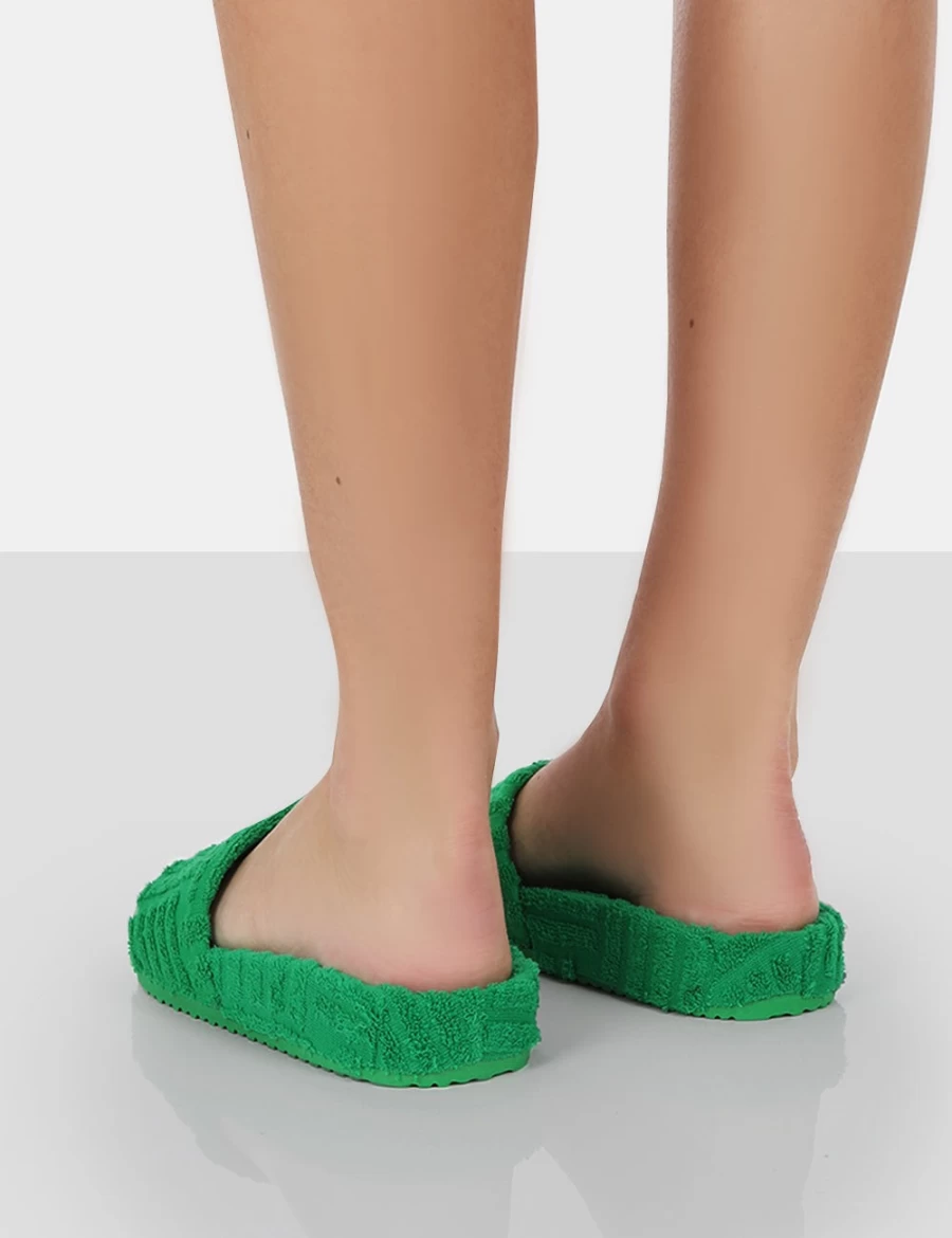 Women's Green Juice Terry Toweling Sliders by Public Desire - Comfortable Slide Sandals