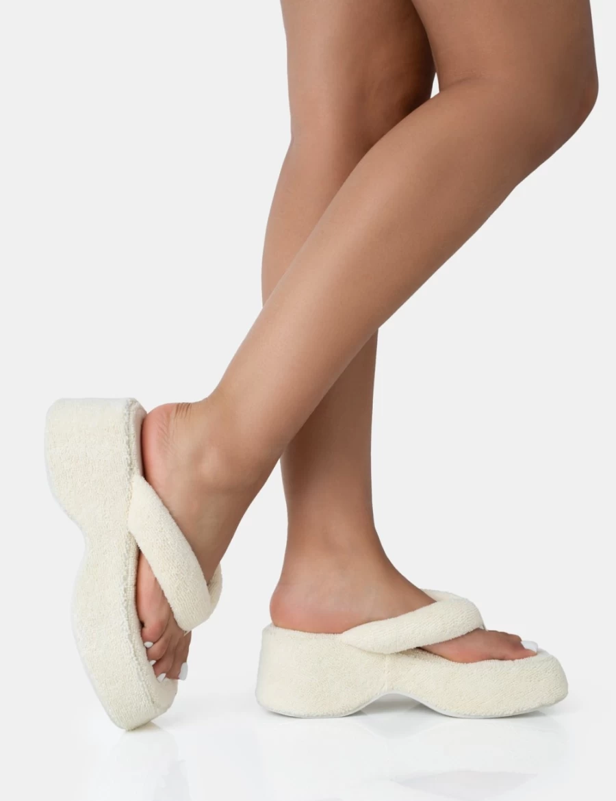 Public Desire Women's Ecru Havana Chunky Platform Towelling Flip Flop Sandals