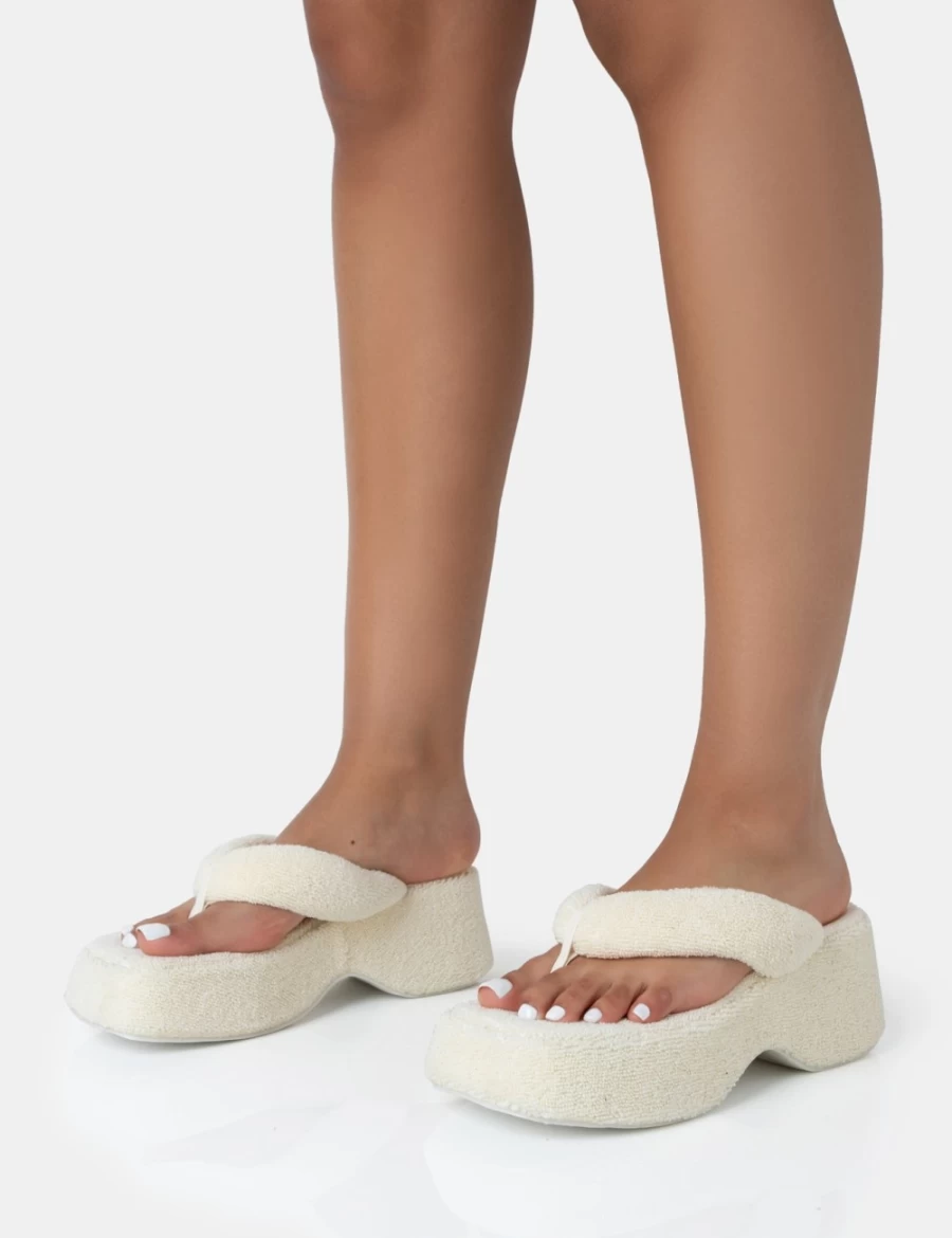 Public Desire Women's Ecru Havana Chunky Platform Towelling Flip Flop Sandals