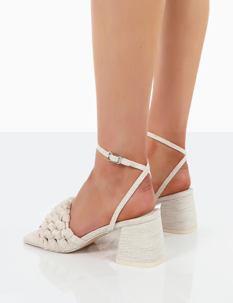 Public Desire Women's Beige Natural Linen Woven Square Toe Block Mid Heel Mule Sandals