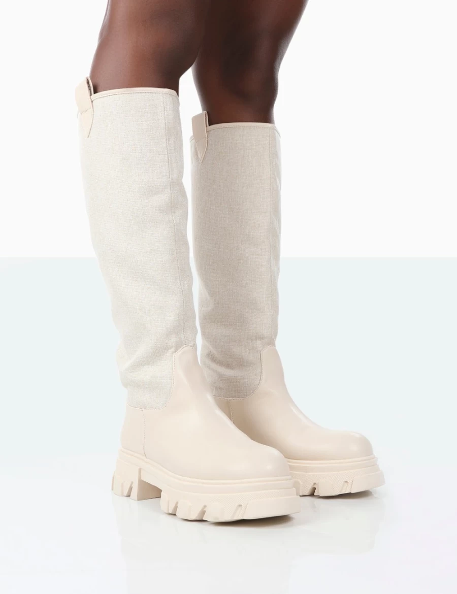 Public Desire Women's Ecru Linen Platform Boots - Knee High Chunky Sole Genius Design