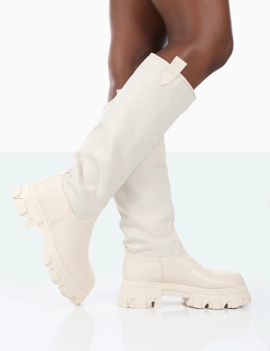 Public Desire Women's Ecru Linen Platform Boots - Knee High Chunky Sole Genius Design