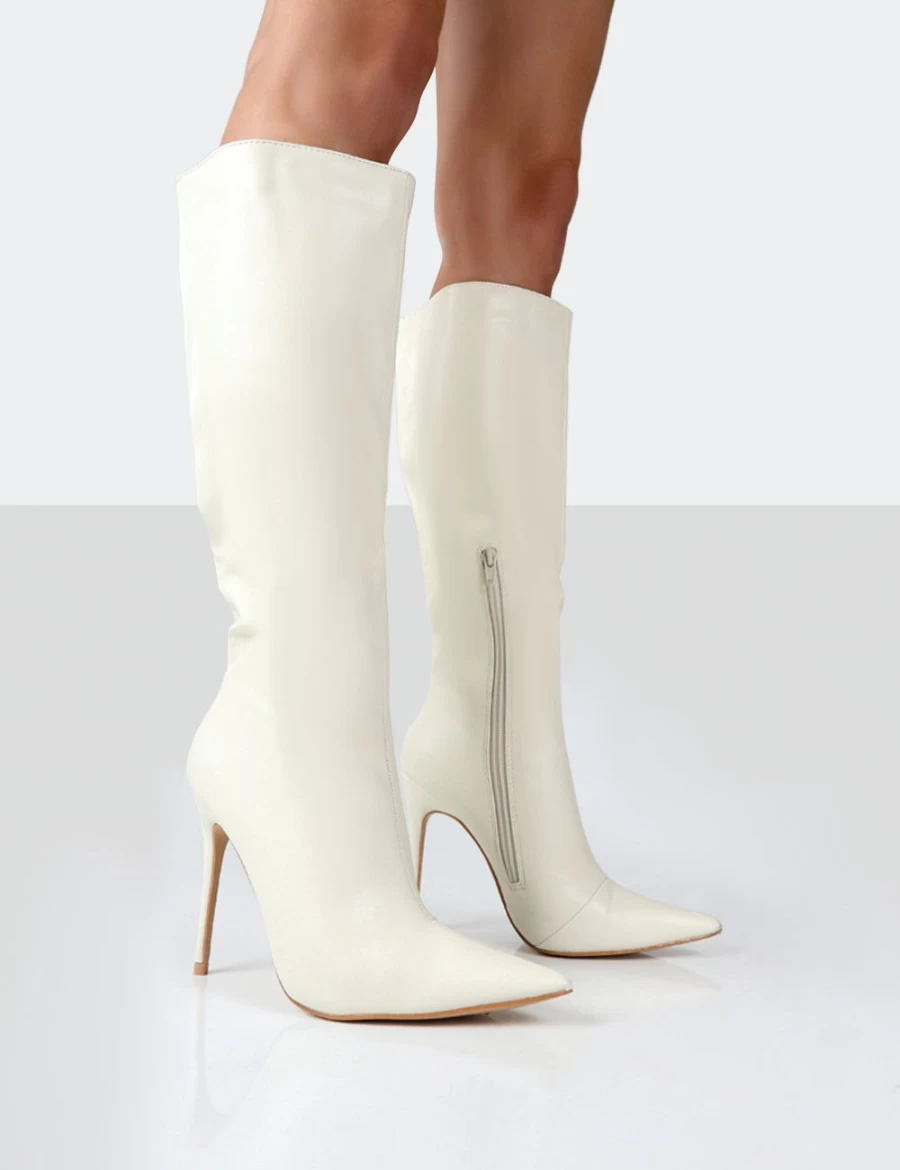 Public Desire Women's White Horizon Ecru PU Stiletto Knee High Boots