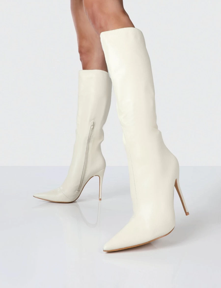Public Desire Women's White Horizon Ecru PU Stiletto Knee High Boots