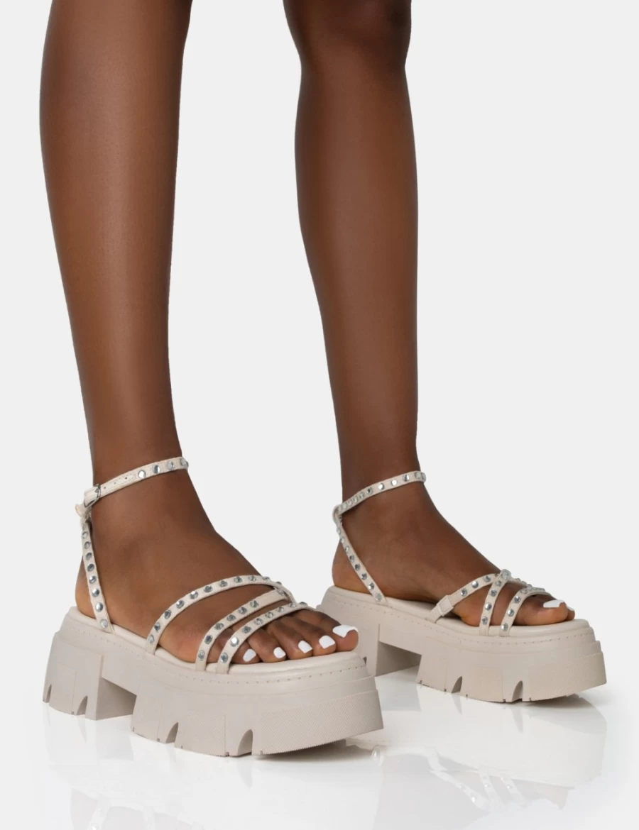Public Desire Women's Ecru Orbit Diamante Strappy Chunky Platform Sandals