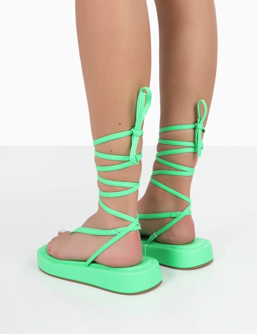 Public Desire Women's Lime Green Lace-Up Flatform Thong Sandals - Beach Babe Summer Shoes