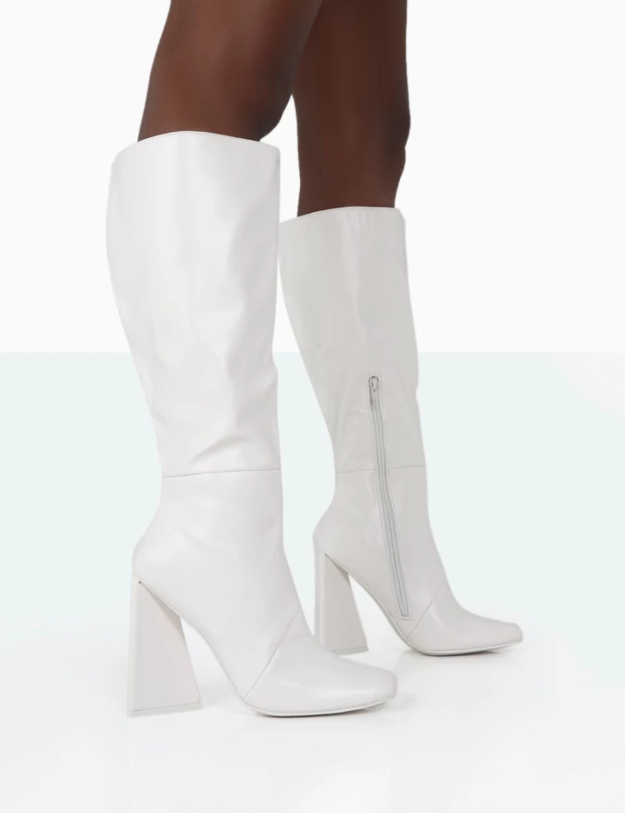 Public Desire Women's Ecru Senna Wide Fit Knee High Heeled PU Boots