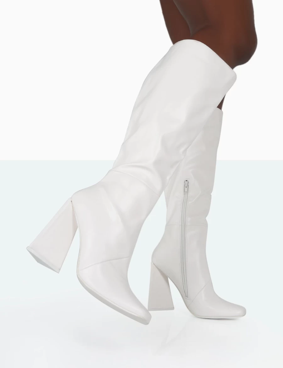 Public Desire Women's Ecru Senna Wide Fit Knee High Heeled PU Boots