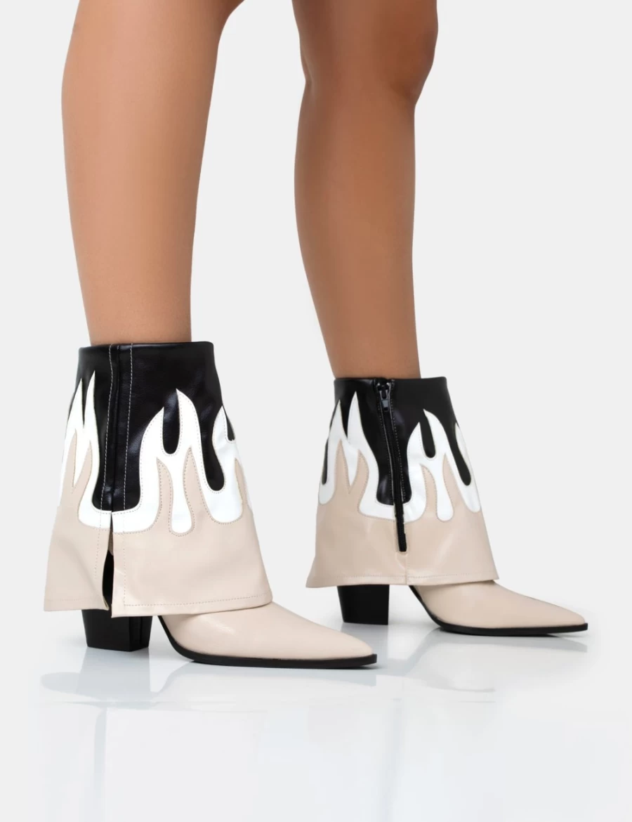 Public Desire Women's Nude Black Flame Fold Over Pointed Toe Western Ankle Boots
