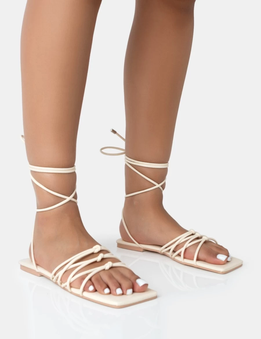 Public Desire Women's Ecru Kelly Pu Lace Up Flat Square Toe Sandals