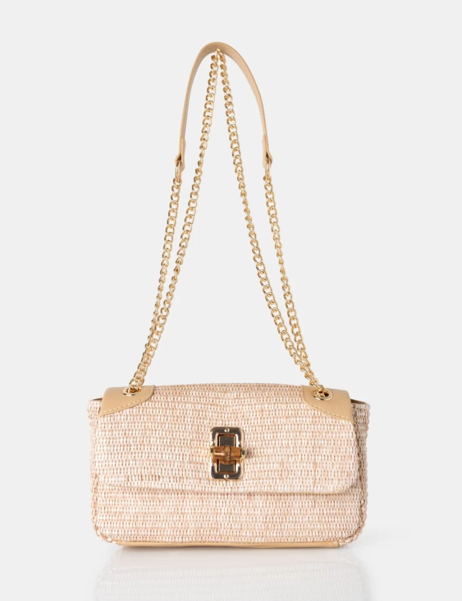 Public Desire Women's Nude Adjustable Raffia Shoulder Bag with Gold Chain Detail