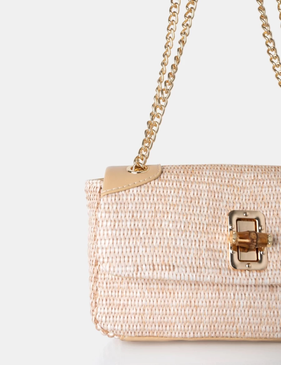 Public Desire Women's Nude Adjustable Raffia Shoulder Bag with Gold Chain Detail