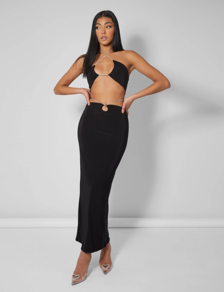 Public Desire Women's Black Midaxi Skirt with Cross Front Diamante Rope Detail