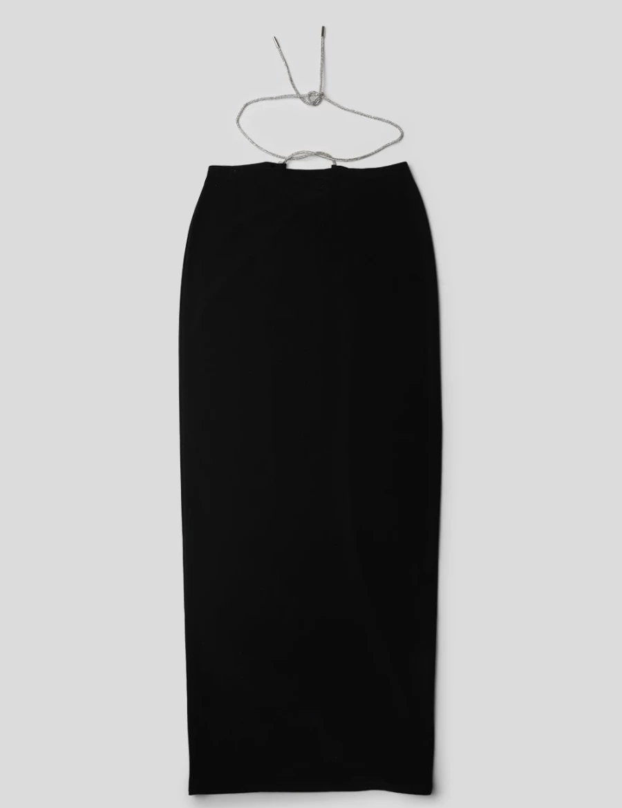 Public Desire Women's Black Midaxi Skirt with Cross Front Diamante Rope Detail