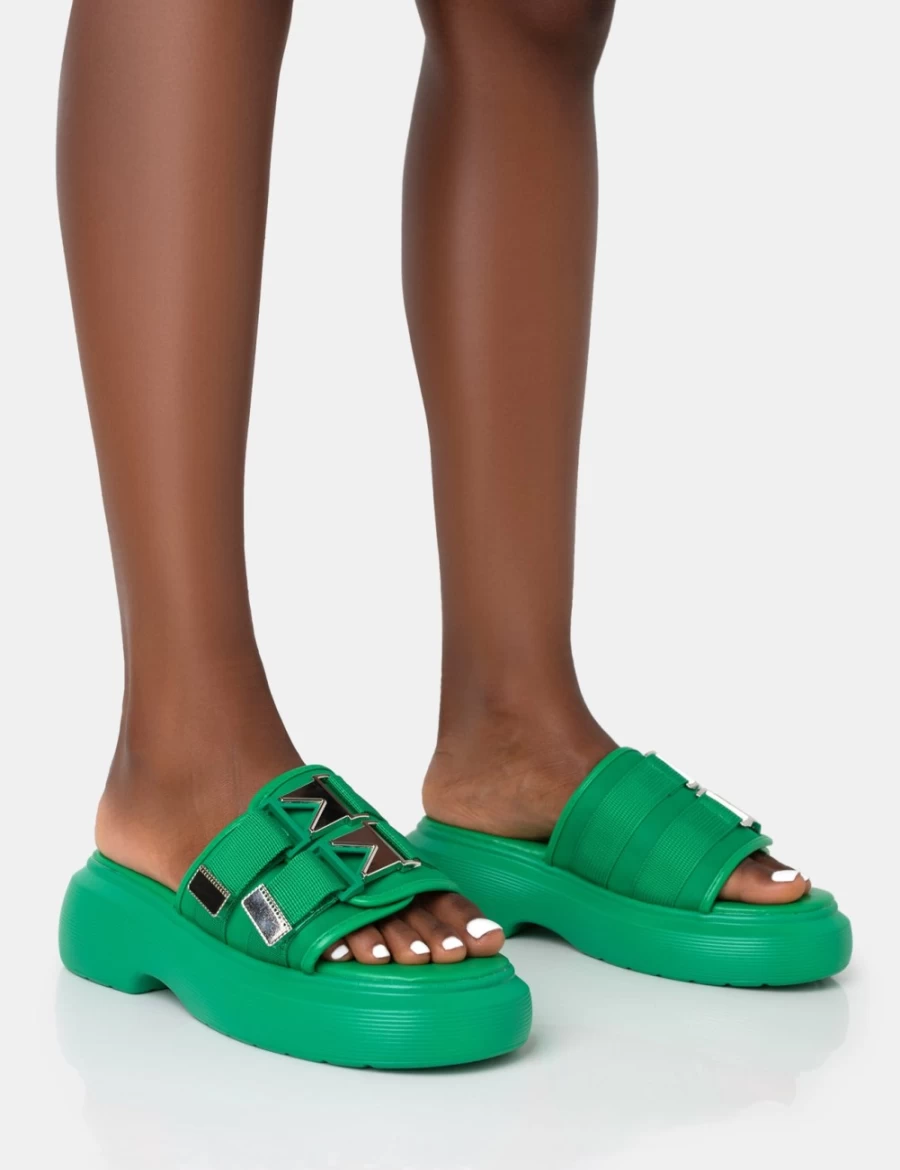 Public Desire Women's Green Trace Buckle Mule Chunky Sandals