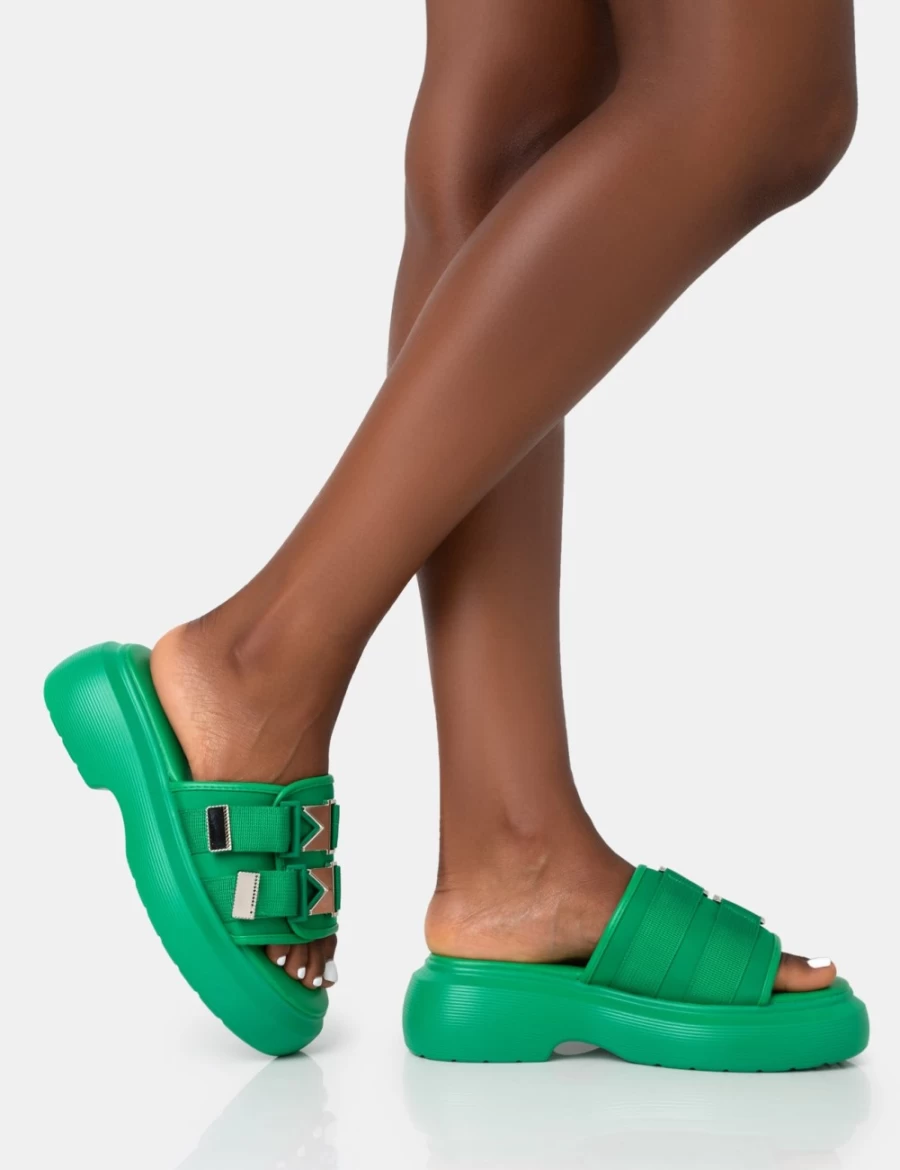 Public Desire Women's Green Trace Buckle Mule Chunky Sandals