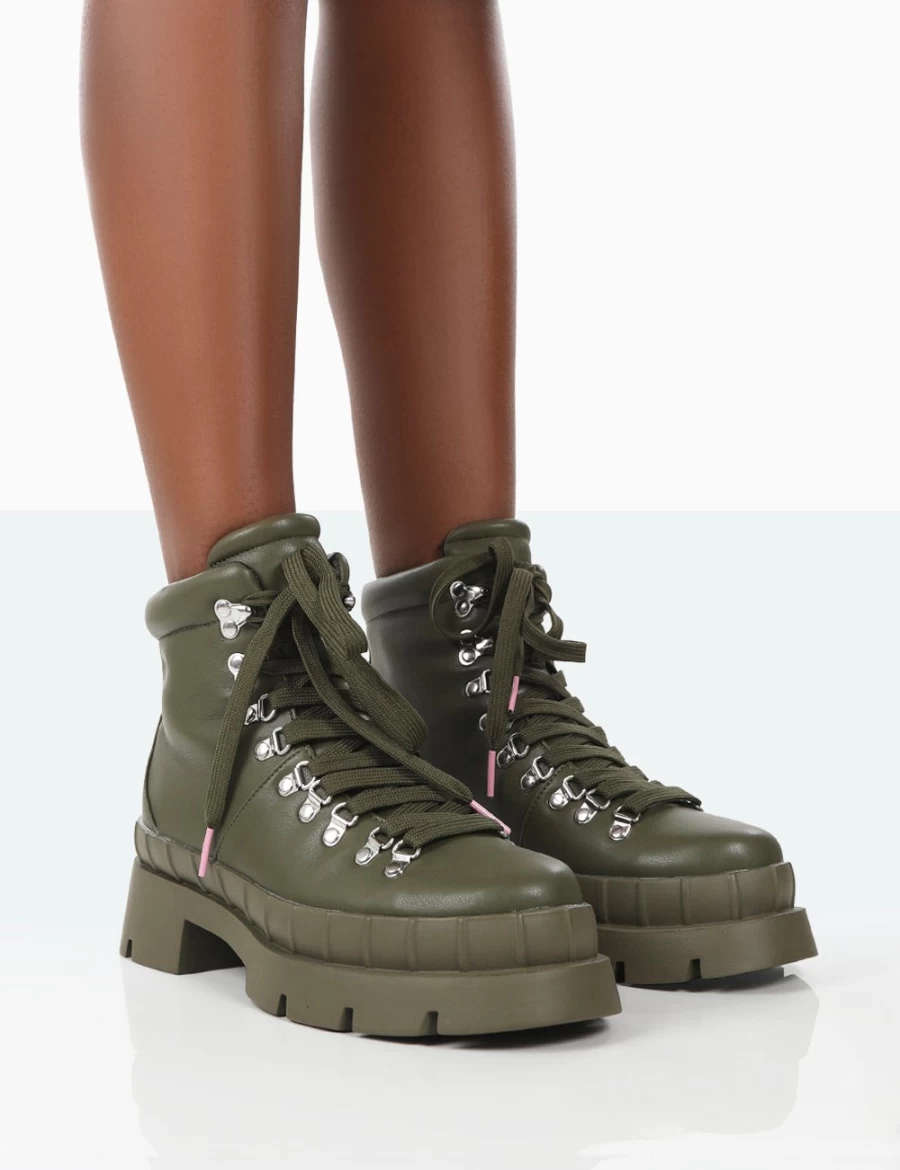 Women's Public Desire Khaki Hike There Pu Lace Up Chunky Sole Winter Boots