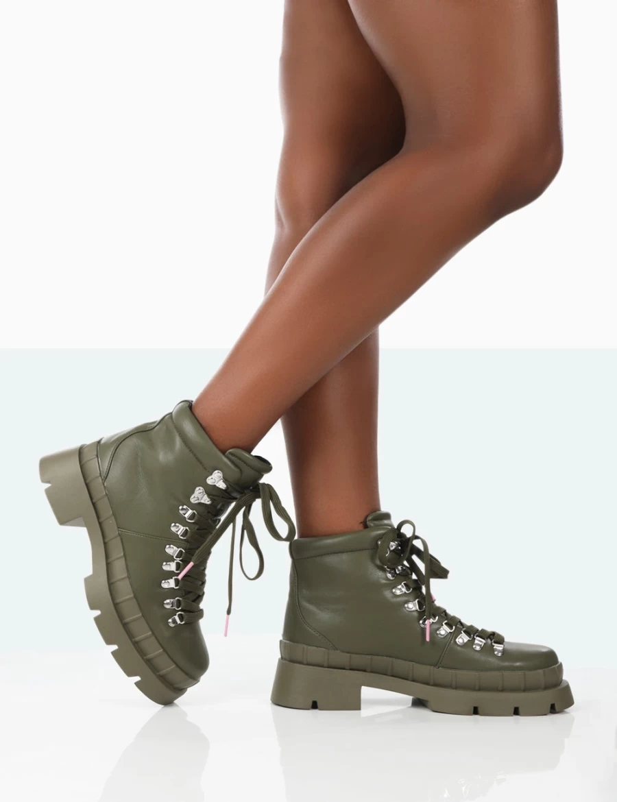Women's Public Desire Khaki Hike There Pu Lace Up Chunky Sole Winter Boots