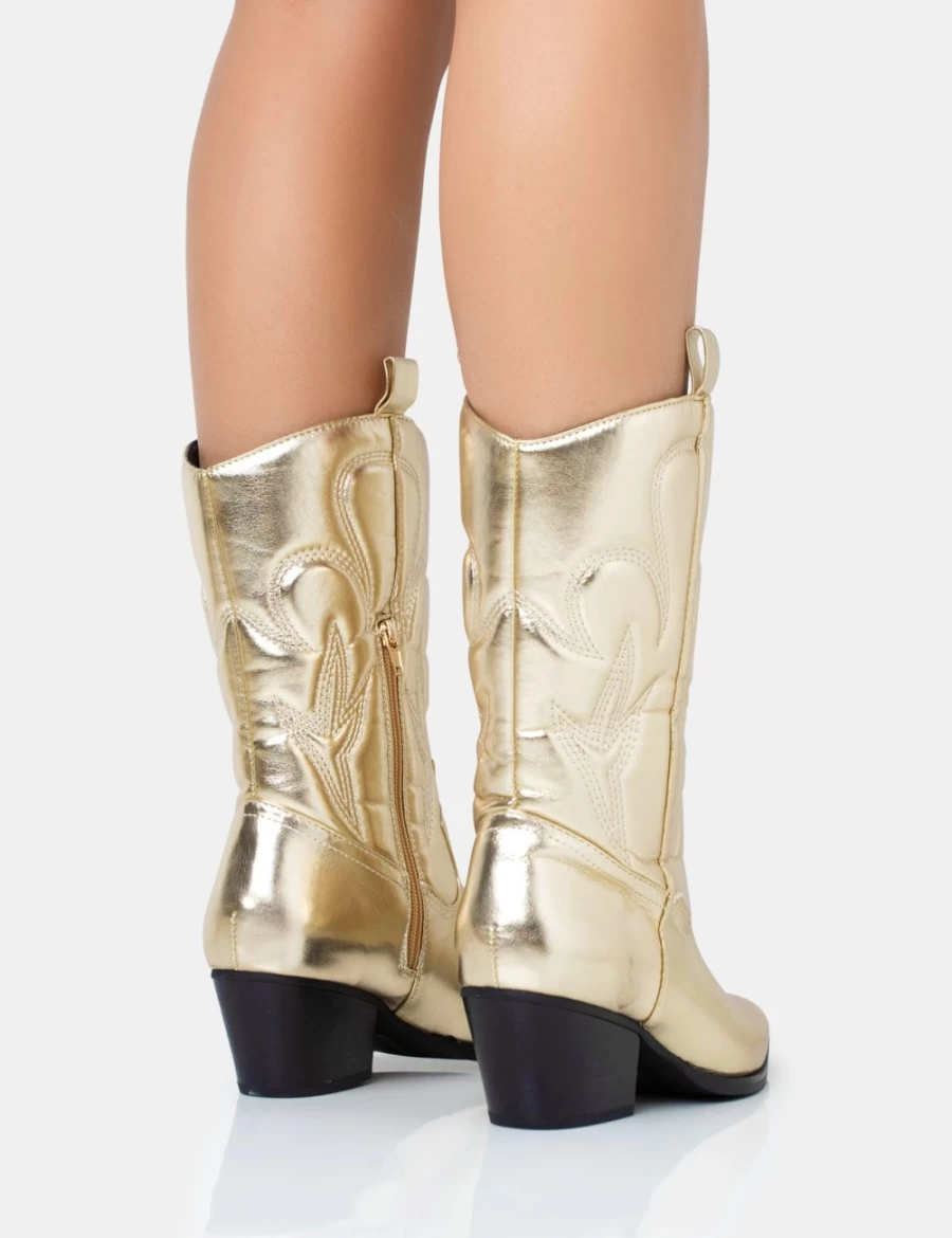 Public Desire Women's Gold Western Embroidered Knee High Pointed Toe Cowboy Boots - Calabasas Style