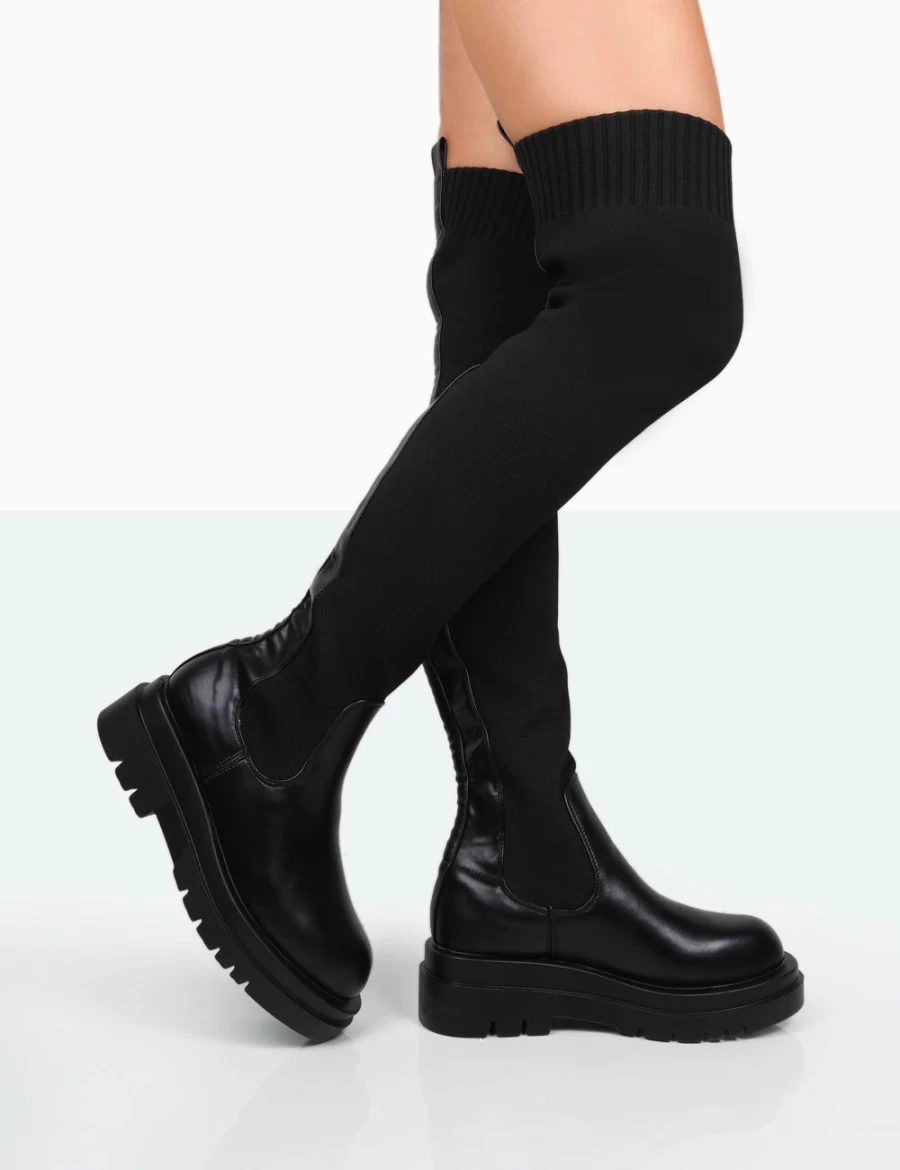 Public Desire Women's Black PU & Knit Over The Knee Boots with Chunky Sole