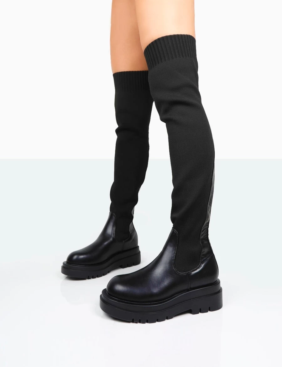 Public Desire Women's Black PU & Knit Over The Knee Boots with Chunky Sole