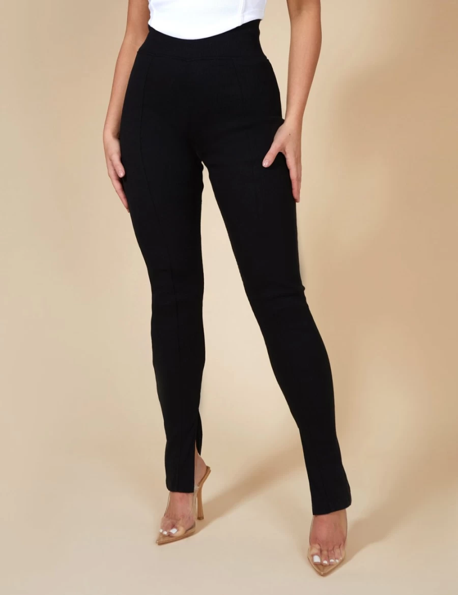 Public Desire Women's Black Split Hem Ribbed Leggings - High Waisted Stretchy Yoga Pants