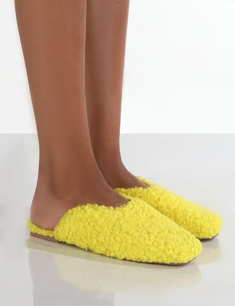 Public Desire Women's Yellow Neon Teddy Slip On Slippers - Plush Comfort Slippers for Women