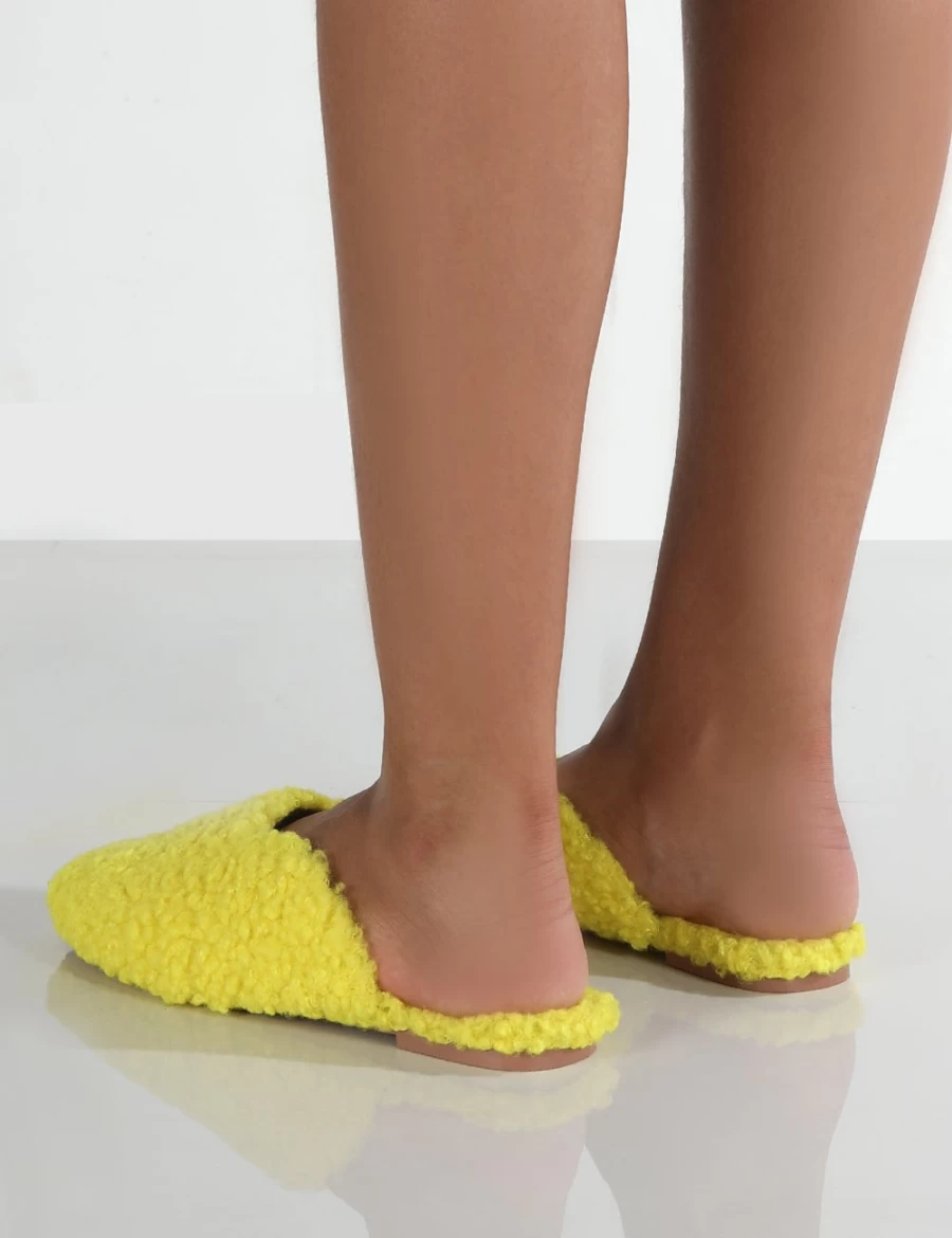 Public Desire Women's Yellow Neon Teddy Slip On Slippers - Plush Comfort Slippers for Women