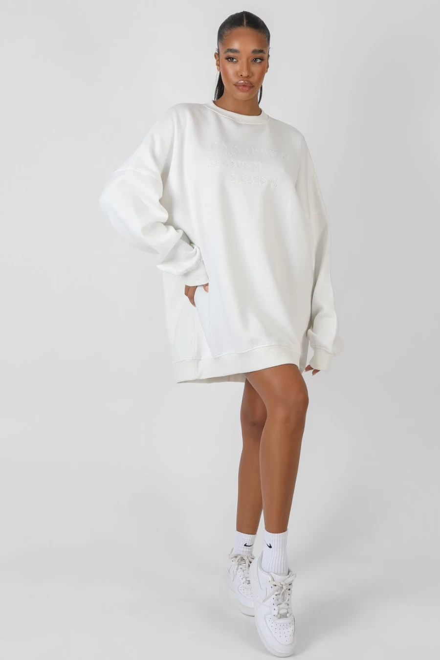 "Public Desire Women's Ecru Oversized Embroidered Sweatshirt Dress"
