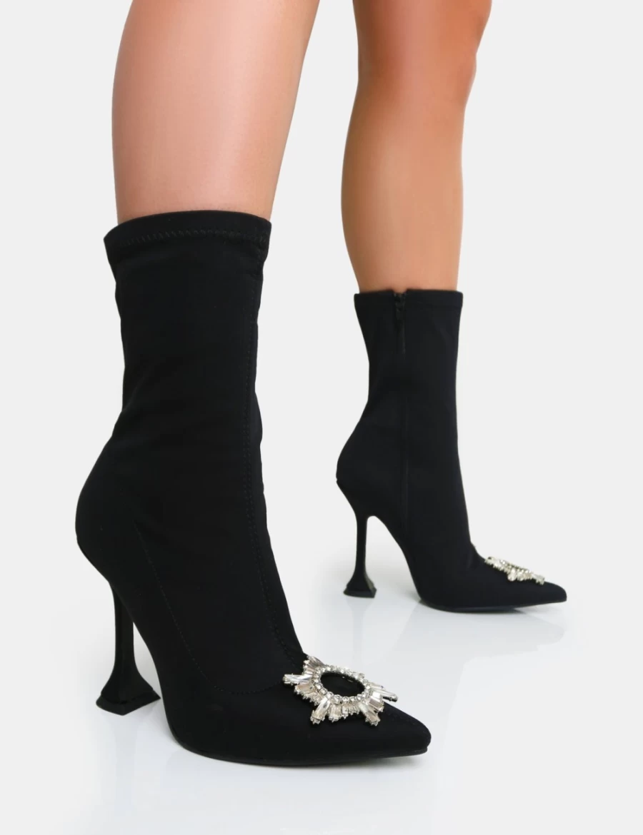 Public Desire Women's Black Modena Nylon Diamantie Ankle Boots with Broach Cake Stand Heel Sock Design