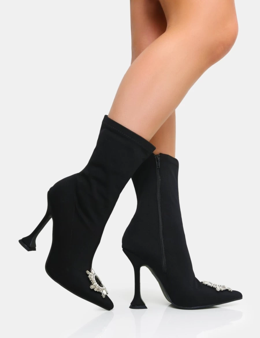 Public Desire Women's Black Modena Nylon Diamantie Ankle Boots with Broach Cake Stand Heel Sock Design