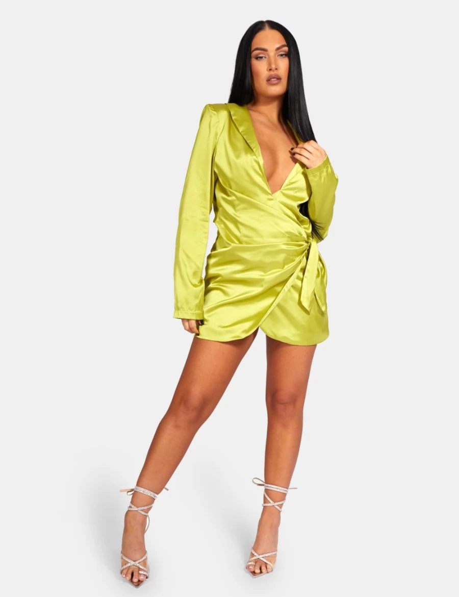 "Public Desire Women's Lime Satin Tie-Waist Blazer Dress for Elegant Outfits"
