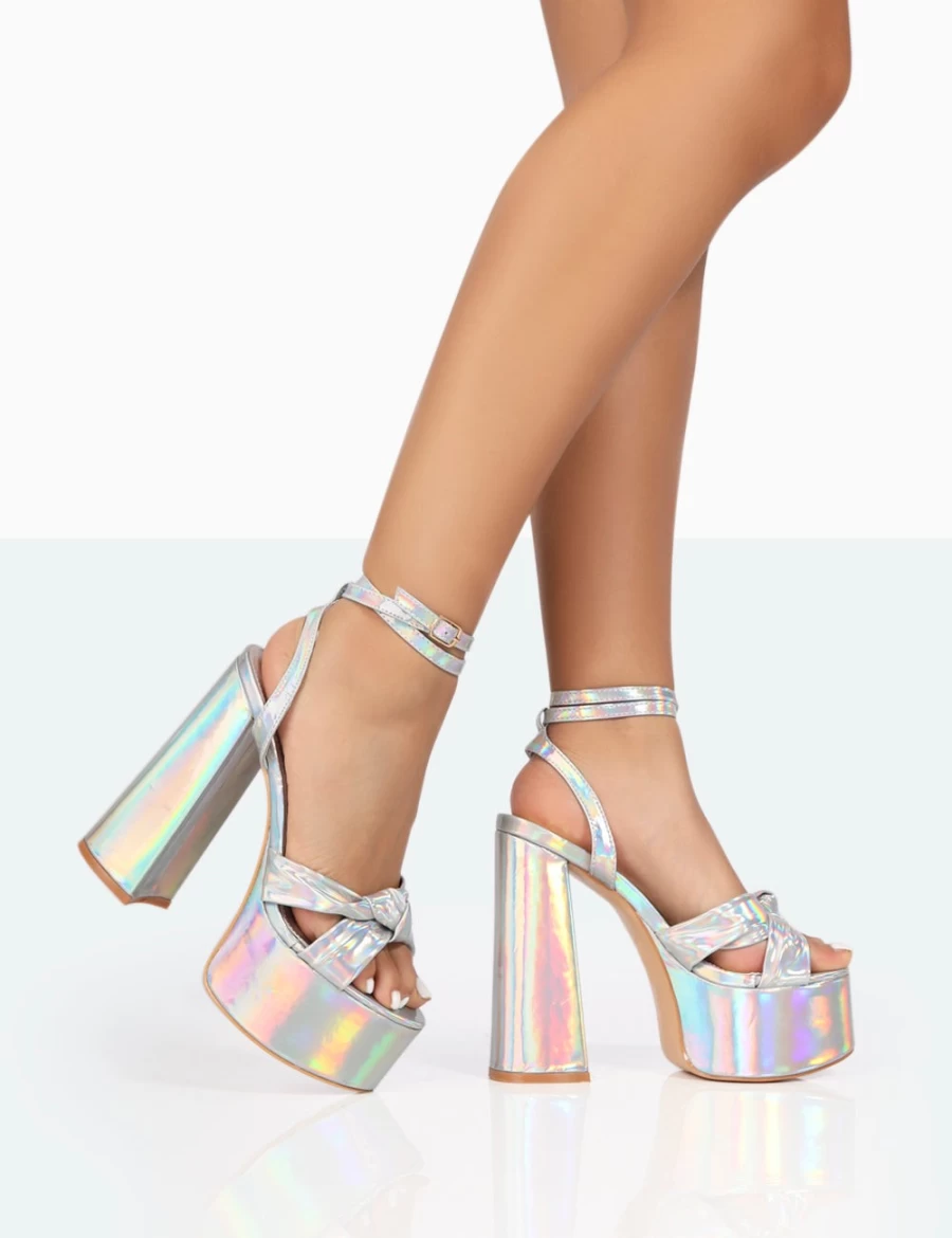 Public Desire Women's Silver Holographic Metallic Platform High Heels - Leo Edition