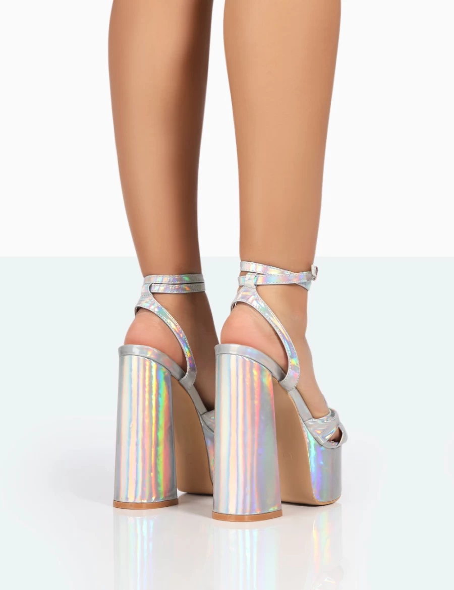 Public Desire Women's Silver Holographic Metallic Platform High Heels - Leo Edition