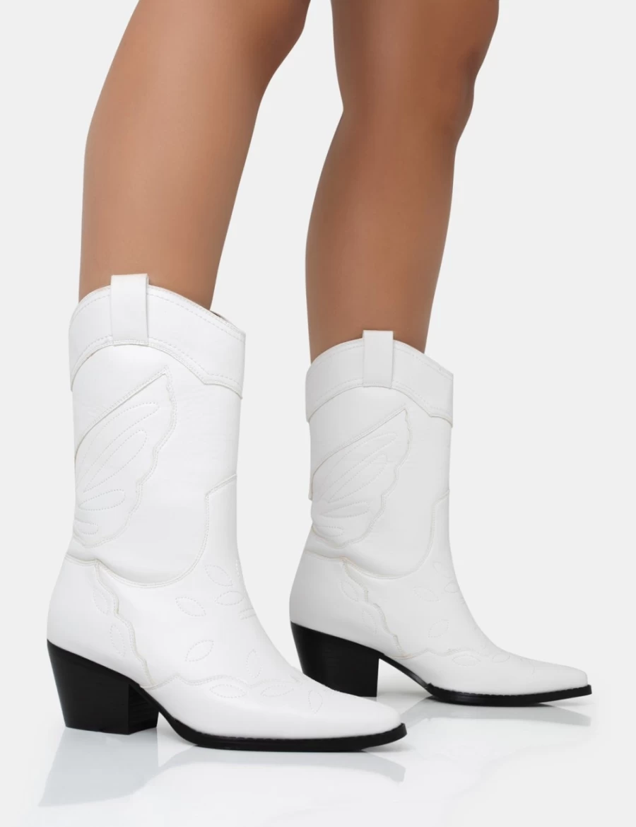 Public Desire Women's White Howdy Pu Western Cowboy Ankle Boots Pointed Toe