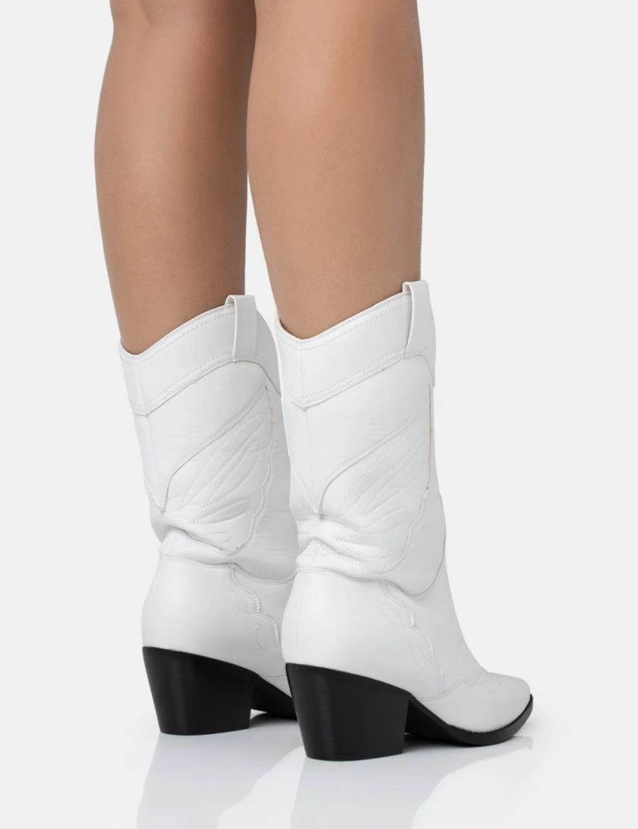 Public Desire Women's White Howdy Pu Western Cowboy Ankle Boots Pointed Toe