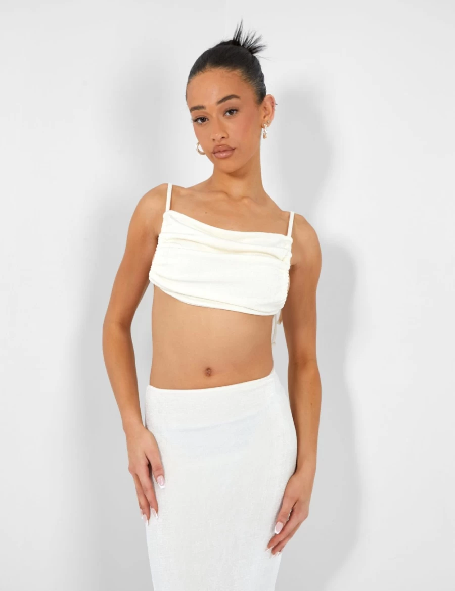 Public Desire Women's Ecru Slinky Ruched Side Crop Top - Stylish Casual Feminine T-Shirt