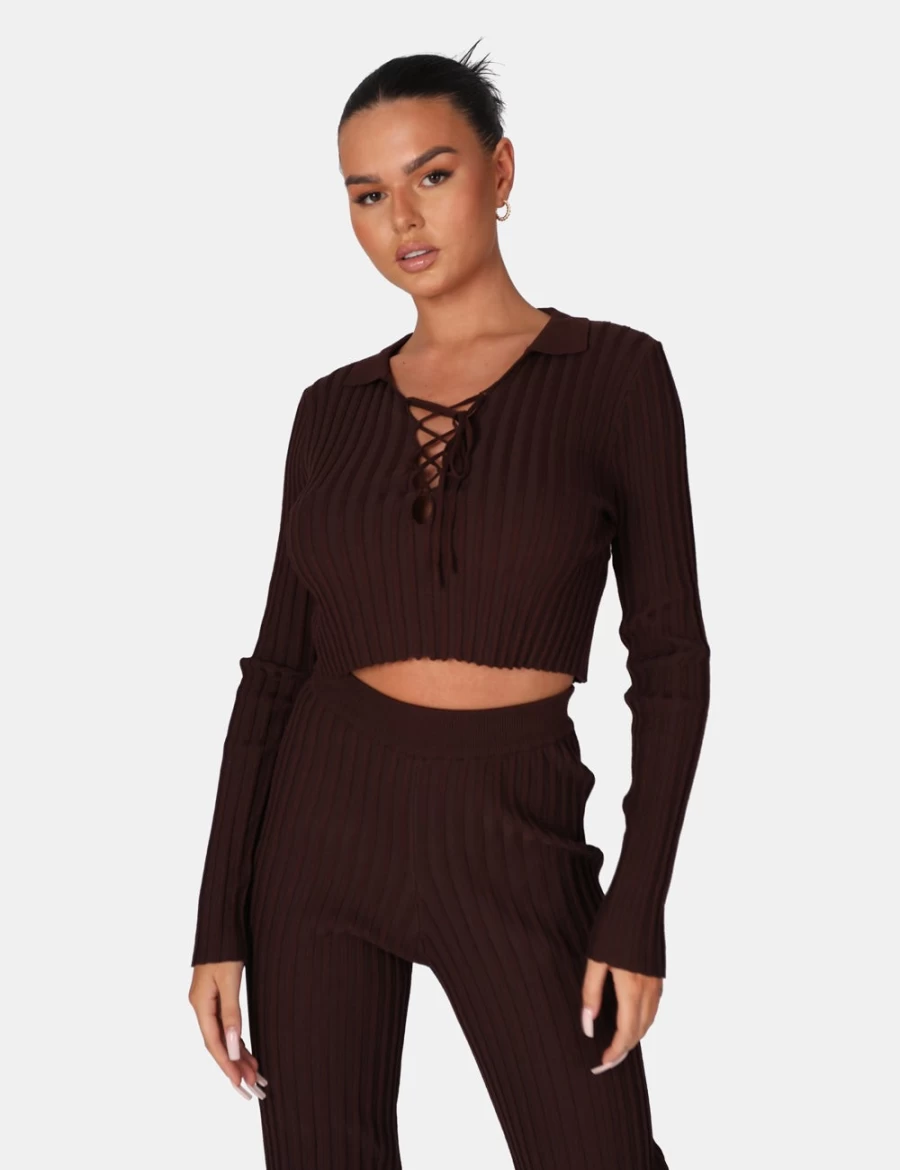 Public Desire Women's Chocolate Lace Up Ribbed Crop Top - Sexy Corset Style Bustier Shirt