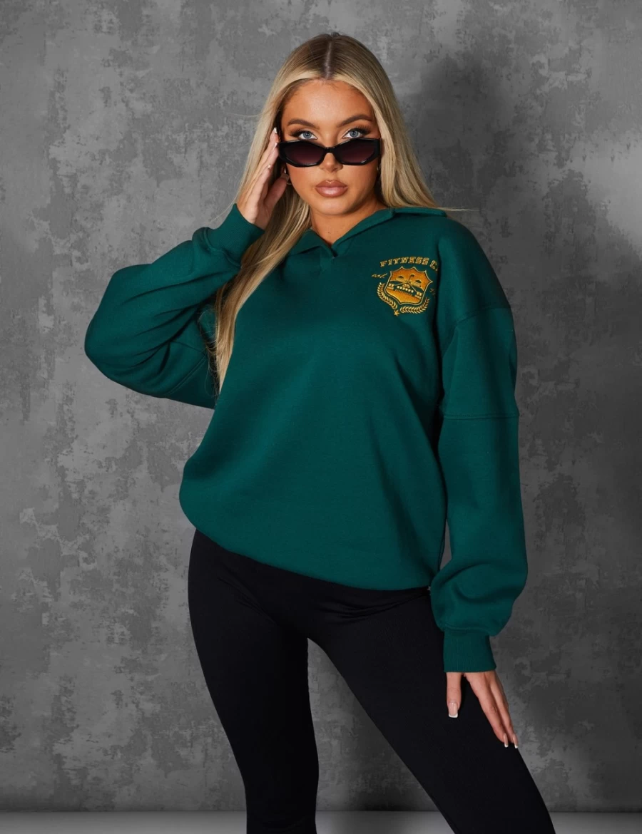 Women's Green Oversized Rugby Sweatshirt with Embroidered Sports Club Badge - Public Desire