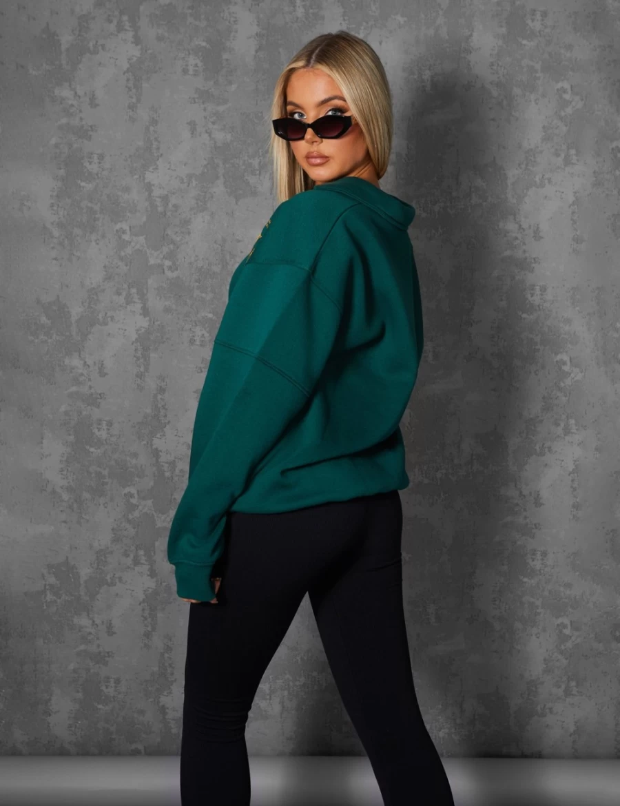 Women's Green Oversized Rugby Sweatshirt with Embroidered Sports Club Badge - Public Desire
