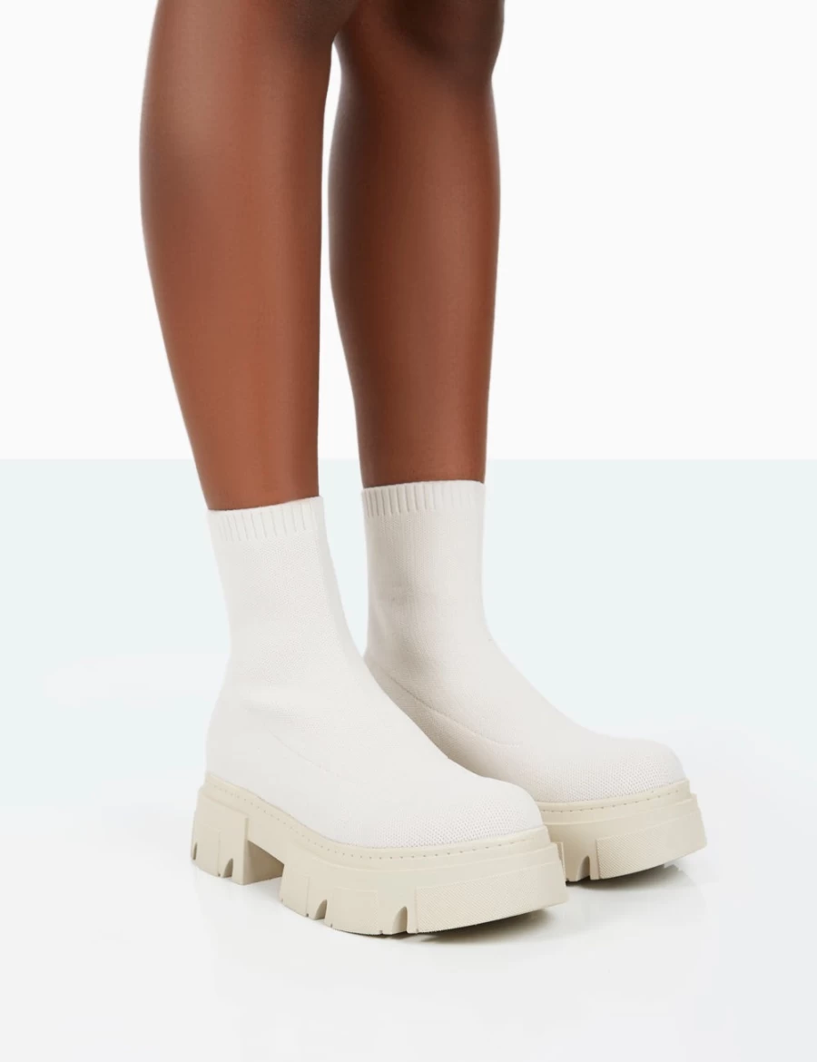 Public Desire Women's Ecru Nola Knit Platform Ankle Boots with Chunky Sole